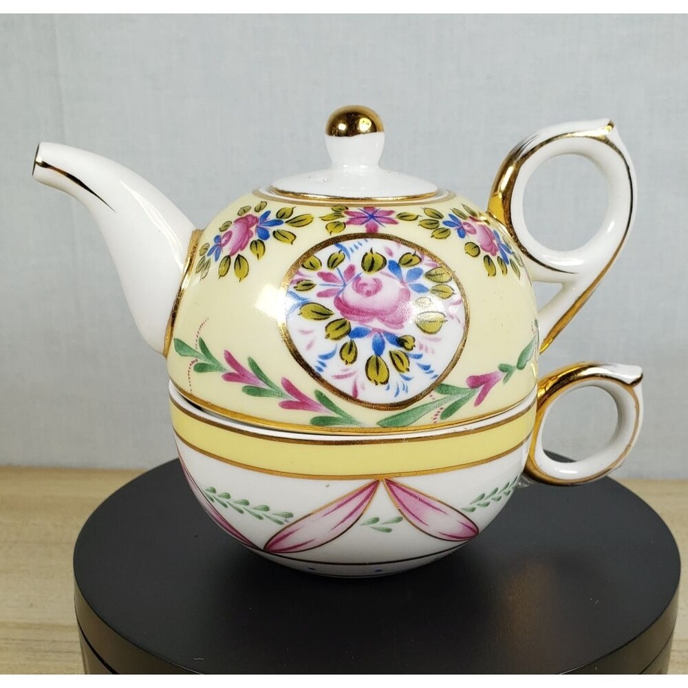Vintage Nantucket Single Serve Teapot With Lid And Teacup Yellow Floral 4” Tall - Picture 2 of 16